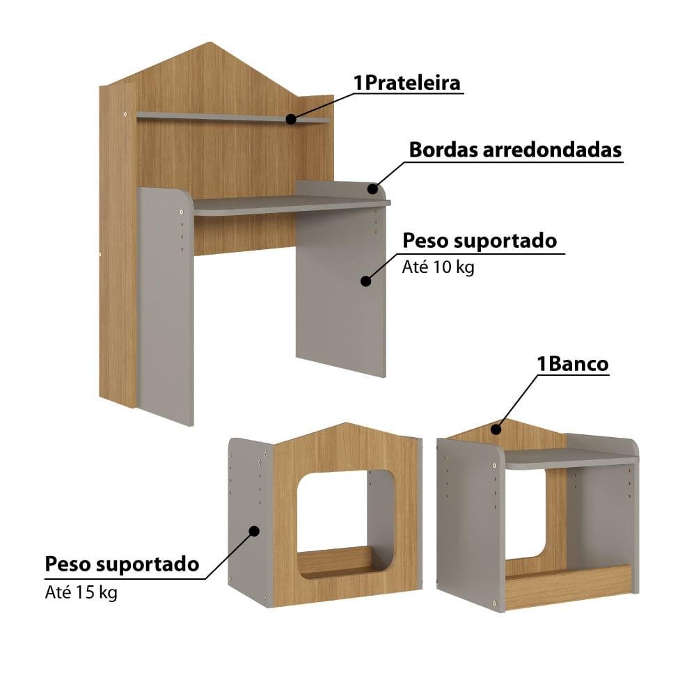 Escrivaninha Infantil Casinha com Regulagem de Altura e Banco - Fendi/Natural - 3