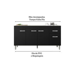 Balcão Gabinete para Pia Gabriela sem Tampo 150cm 4 Portas 1 Gaveta Preto - 3