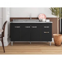 Balcão Gabinete para Pia Gabriela sem Tampo 150cm 4 Portas 1 Gaveta Preto - 2