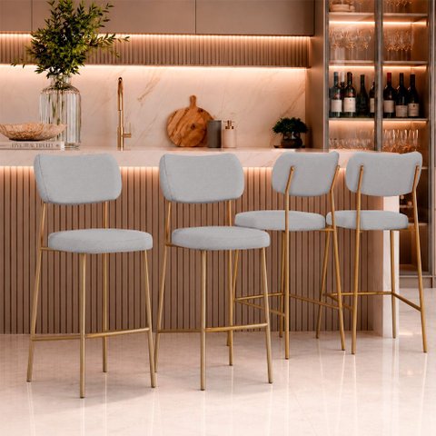 Kit 4 Banquetas Alta Sala de Jantar Lisa Pés Champanhe Linho Cinza m² - Monari Design
