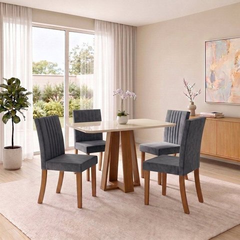 Conjunto Sala de Jantar Mesa Lisa 120cm com Tampo MDF e Vidro Redonda 4 Cadeiras Lily