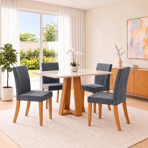 Conjunto Sala de Jantar Mesa Lisa 120cm com Tampo MDF e Vidro Redonda 4 Cadeiras Lily