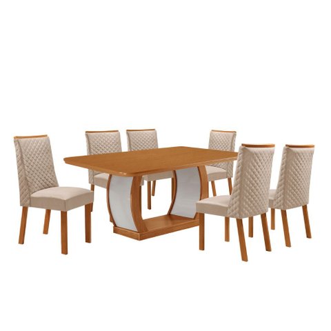 Mesa de Jantar Milena Yasmin 180 cm Tampo MDF Canto Copo Laminado com 6 Cadeiras Moderna Mobília
