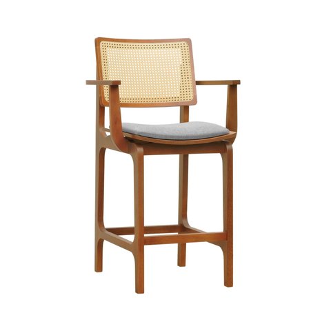 Banqueta Alta Bistrô Gus C/ Braços - Amêndoa - Estofado Linho Cinza Mescla Impermeável