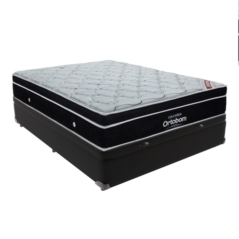 Cama Box Casal Preto Baú e Colchão Ortobom Elegant Molas Ensacadas Europillow