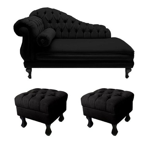 Recamier Divã Namoradeira Larissa 150cm + 2 Puffs Retrô Suede Preto - LM DECOR
