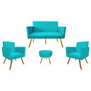 Ver imagem 1 de Kit Namoradeira + 2 Poltronas Decorativa Nina + Puff Redondo Suede Azul Tifany Pés Madeira Mz Decor