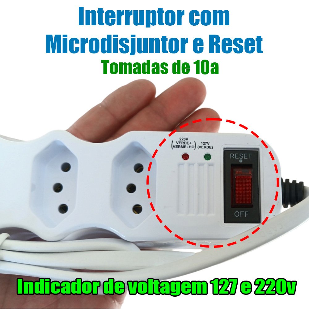 Filtro de Linha com 5 Tomadas 127v 220v Bivolt com Indicador de Voltagem Branco - 2