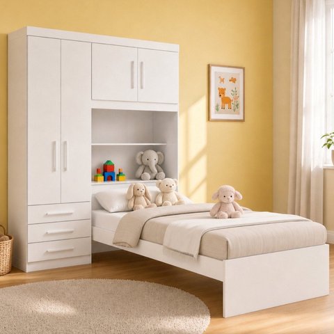 Guarda-Roupa Infantil Juvenil com Cama de Solteiro e Baú Advantage 4 Portas 3 Gavetas Branco