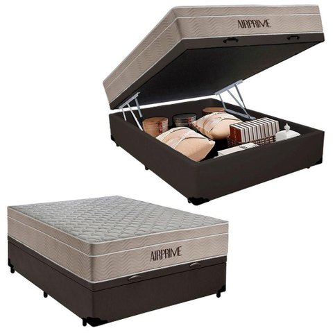 Cama Box Baú Casal Sintético Cremil + Colchão Molas Ensacadas Airprime 138cm Marrom - Suporta At