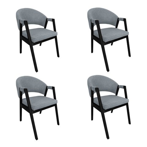 Kit 4 Cadeiras de Jantar Estofadas Helen Linho Cinza Madeira Eucalipto Tratado Preto Sala Luxo