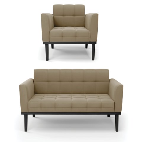 Conjunto Poltrona e Namoradeira Decorativa Karen Pés Fixo em Madeira Preto Suede Nude G19 - Gran Bel