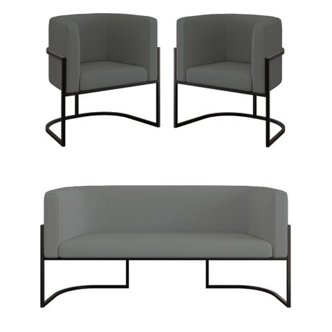 Kit 2 Poltronas Sofá 2 Lugares Base de Metal Black Veludo Cinza