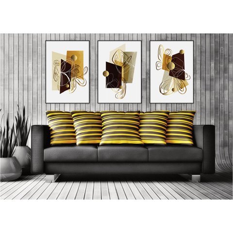 kit com 3 Quadros Decorativos Abstratos com Moldura e Vidro para Sala Quarto Escritório e Clínica 52