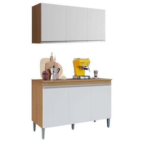 Balcão de Cozinha Manu com Tampo 120cm e Armário Aéreo Andréia Amêndoa Branco - Ajl
