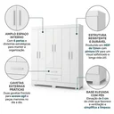 Ver imagem 4 de Guarda-Roupa Casal 6 Portas, 2 Gavetas e Pés Olímpio Branco