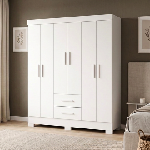 Guarda-Roupa Casal 6 Portas, 2 Gavetas e Pés Olímpio Branco