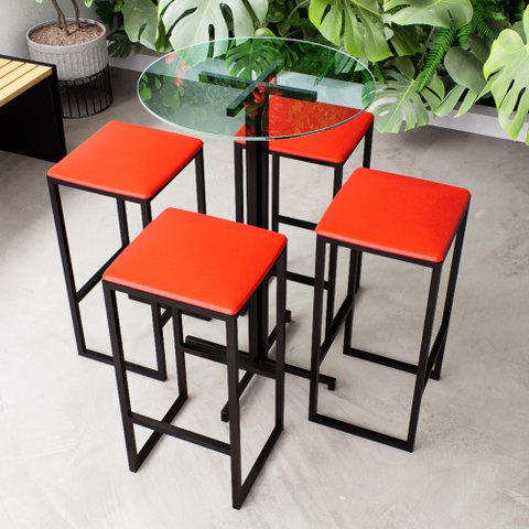Conjunto Mesa Alta Bar Bistrô Redonda Vidro 4 Bancos Estofado Don Castro Decor