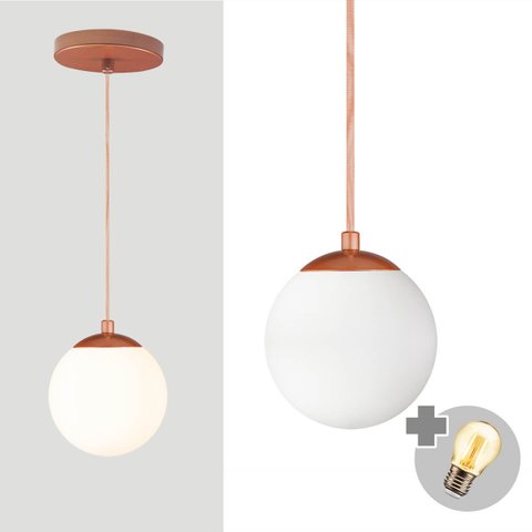 Pendente Bronze C/ Globo de Vidro Branco de 14cm + Led 2w