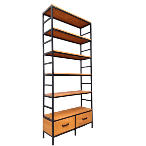 Estante para Livros de Madeira e Ferro com 6 Prateleiras e 2 Gavetas - Estilo Industrial