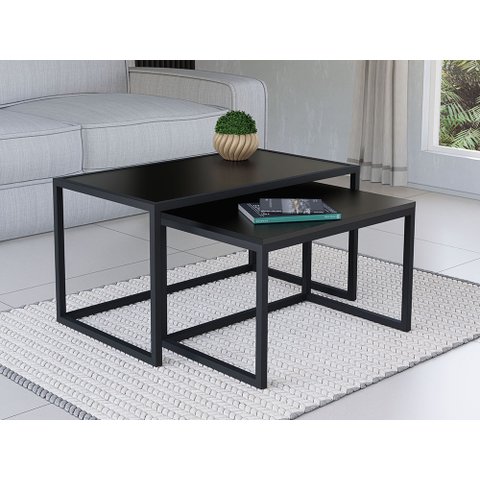 Conjunto Mesa de Centro Industrial 84cm e 80cm Aço Preto Duo Madeira Don Castro Decor