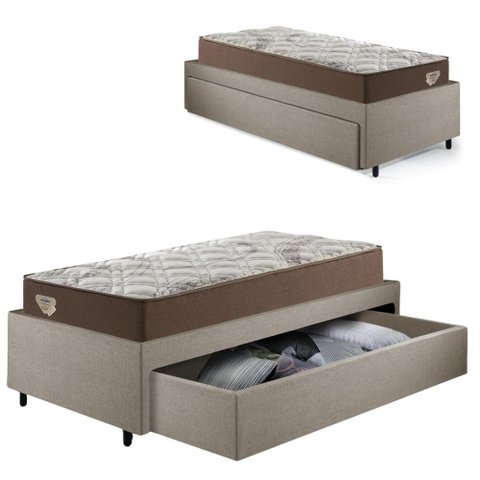 Base Box Cama Solteirão Sapateira Linho Bege e Colchão Relax Adorabile Ecoflex 96x203