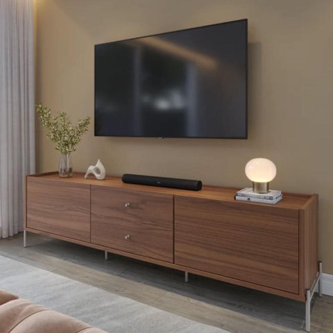 Rack Jasper 220 cm 2 Gavetas e 2 Porta Sala Estar Cômoda - Canella com Champanhe