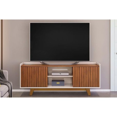 Rack Bancada P/tv até 60 Polegadas Flat Ripado C/ Nichos e Pés 150x60cm Freijó/off White - Dj Mó