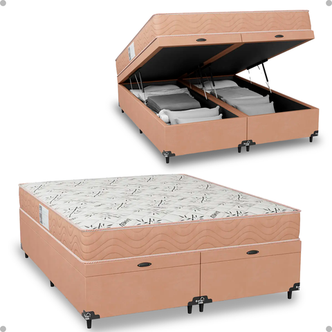 Baú Queen Bipartido + Colchão D33 One Face - Suede Bege - e-Shop Casa