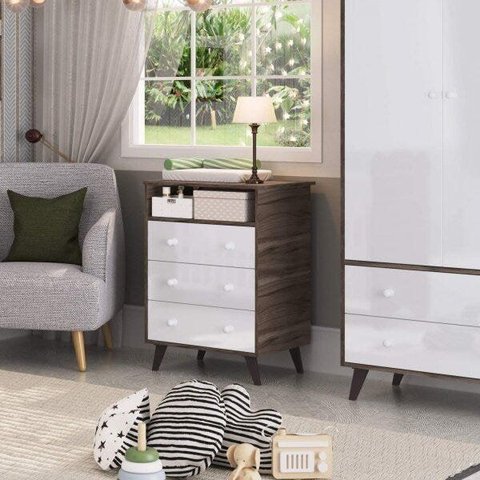 Cômoda Infantil 3 Gavetas Retrô 2041 Marrom/Carvalho/Branco