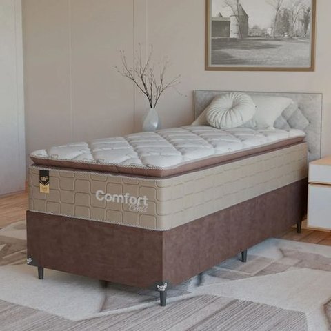 Cama Box Solteiro + Colchão Comfort Class Pillow Top 88x188 Bege/suede Marrom