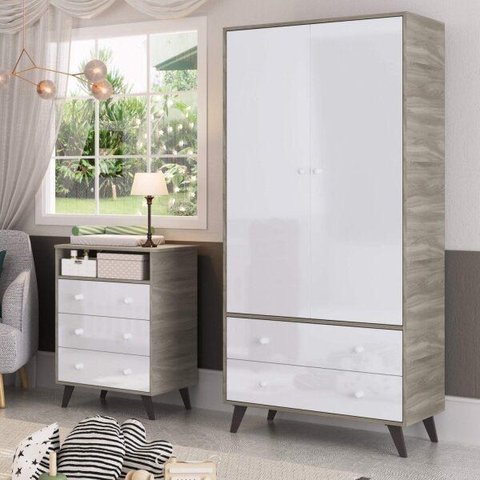 Guarda-Roupa de Bebê 2 Portas 2 Gavetas Retrô Bege/Fresno/Branco