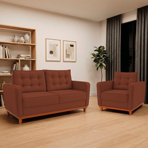 Kit Sofá 2 Lugares e 1 Poltrona Luxo Moderno Sala de Estar Bouclé Samuel