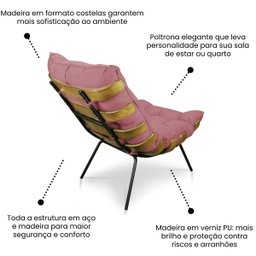 Poltrona Sala Estar Decorativa Costela de Adão com Puff Luxo:poltrona Costela Veludo Rose - 7