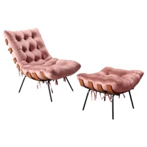 Poltrona Sala Estar Decorativa Costela de Adão com Puff Luxo:poltrona Costela Veludo Rose