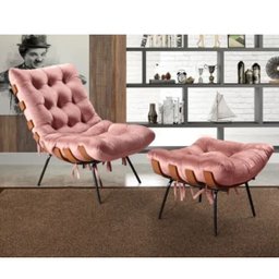 Poltrona Sala Estar Decorativa Costela de Adão com Puff Luxo:poltrona Costela Veludo Rose - 2