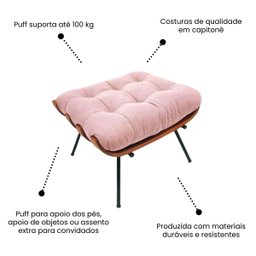 Poltrona Sala Estar Decorativa Costela de Adão com Puff Luxo:poltrona Costela Veludo Rose - 6