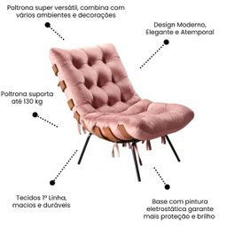 Poltrona Sala Estar Decorativa Costela de Adão com Puff Luxo:poltrona Costela Veludo Rose - 5
