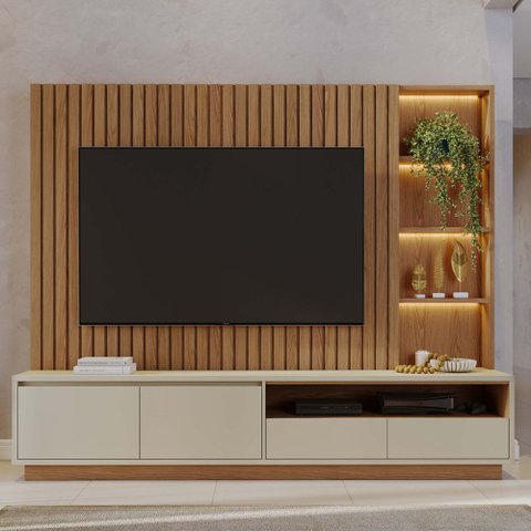 Estante Painel Ripado para TV 82 pol LED 240cm Jolie C04 Freijó Off White Matte - Lyam Decor