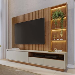 Estante Painel Ripado para Tv 82 Pol Led 240cm Jolie C04 Freijó Off White Matte - Lyam Decor