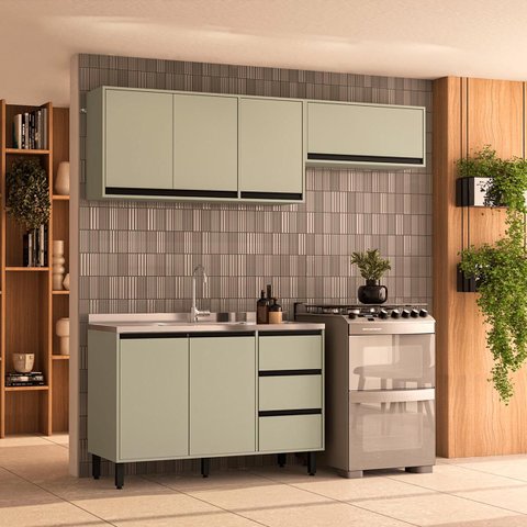 Cozinha Koya 3 Peças 200x214cm Armários Aéreos Balcão 2 Portas 3 Gavetas Verde 250027