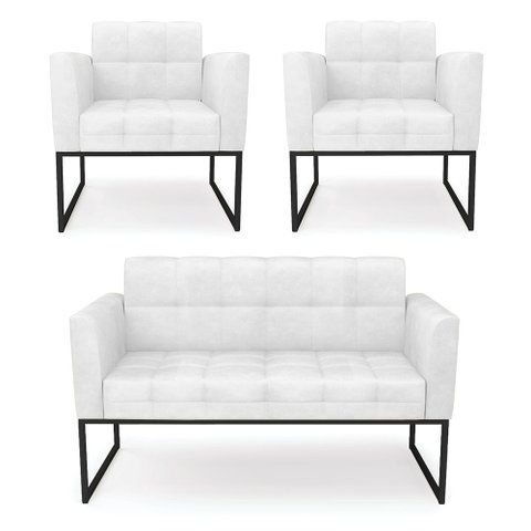 Kit 1 Sofá Namoradeira e 2 Poltronas Elisa Corano Branco Base Metálica Industrial Preto - D'Rossi
