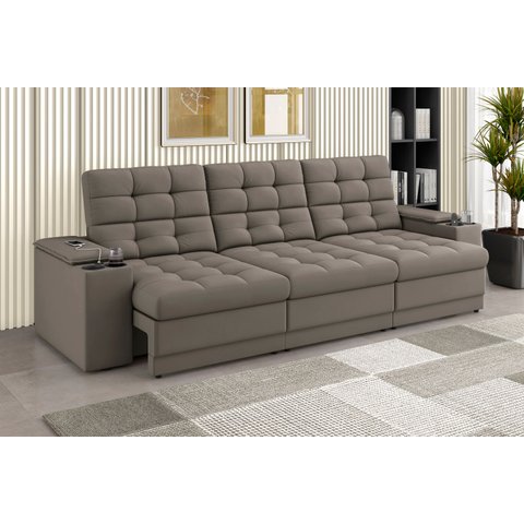 Sofá Confort Premium 2,30m Assento Retrátil e Reclinável Porta Copos e USB Suede Capuccino - Xflex