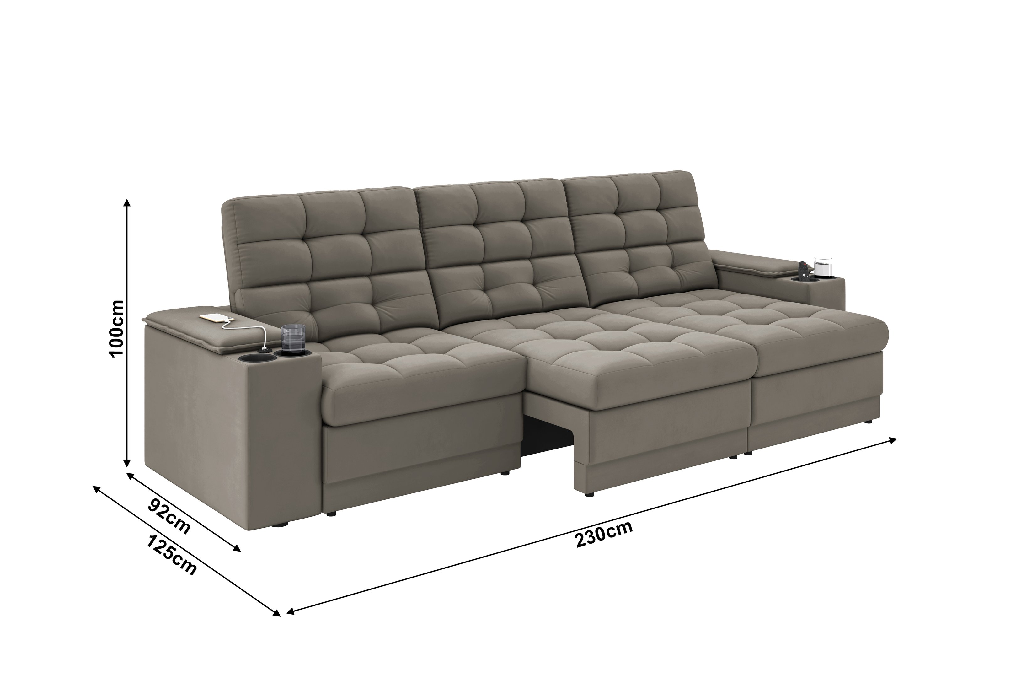 Sofá Confort Premium 2,30m Assento Retrátil/reclinável Porta Copos e Usb Suede Capuccino - Xflex - 2