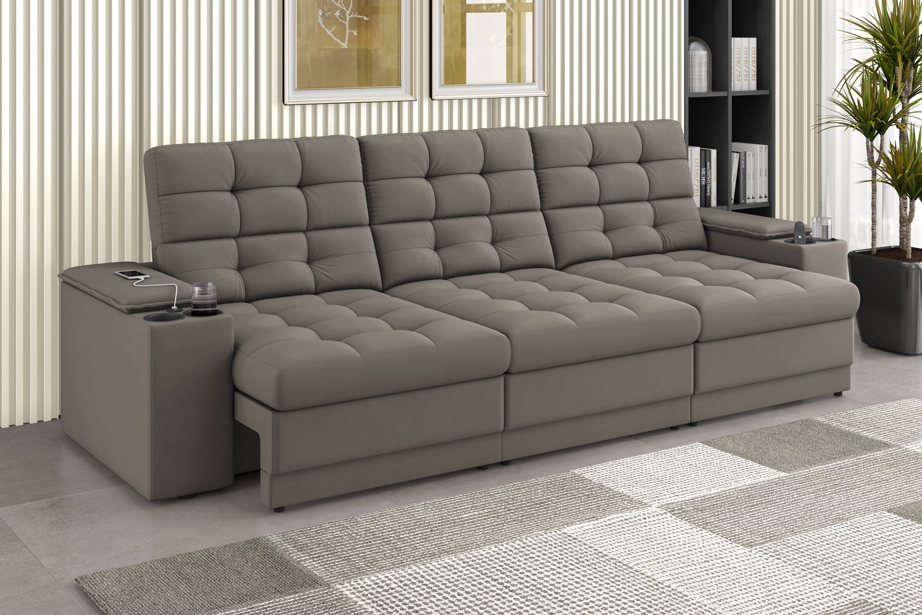 Sofá Confort Premium 2,30m Assento Retrátil/reclinável Porta Copos e Usb Suede Capuccino - Xflex - 1