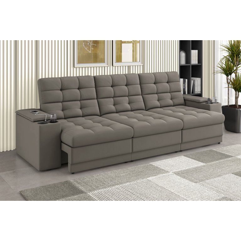 Sofá Confort Premium 2,30m Assento Retrátil/reclinável Porta Copos e Usb Suede Capuccino - Xflex