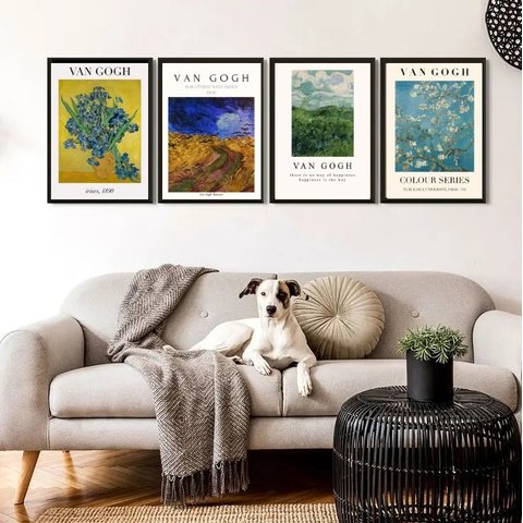 Kit 4 Quadros Artes de Van Gogh 33x24cm - com Vidro:madeira Preta