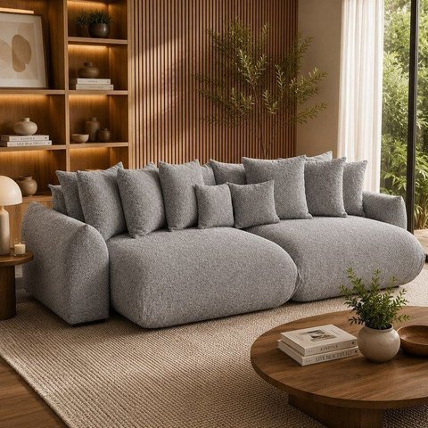 Sofá Retrátil 6 Lugares Bouclê Armani 2,90 Mts Cinza
