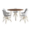 Ver imagem 2 de Mesa Jantar Redonda 110cm Amêndoa Clips 3 Pés com 5 Cadeiras Eames Eiffel Brancas Base Dourada