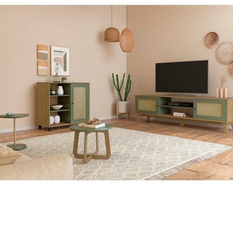 Conjunto Sala de Estar Mesa de Apoio e Mesa de Centro e Buffet e Rack Charlotte